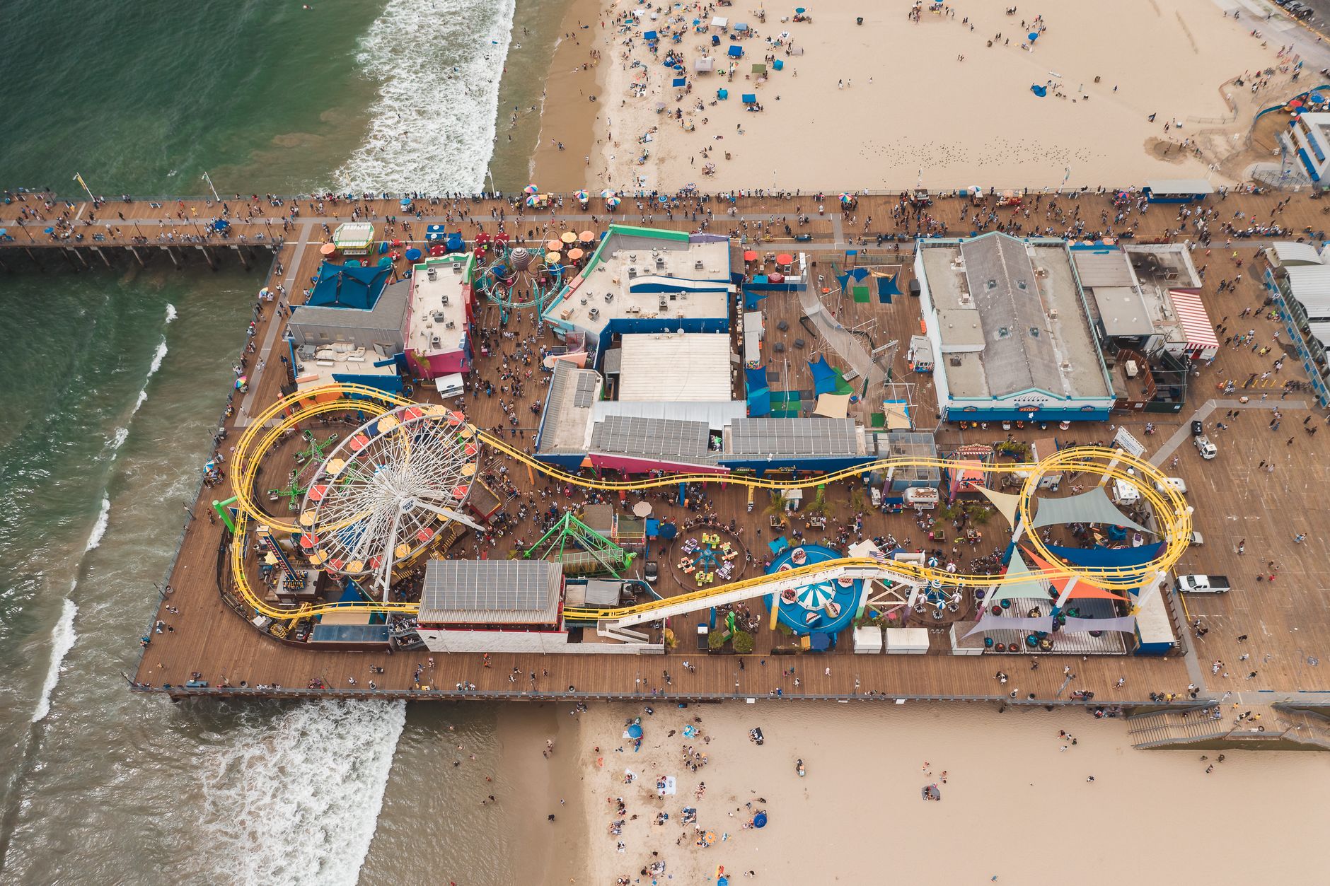 Santa Monica Pier and its Ferris wheel from above